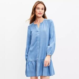 NWT- Loft Chambray Button Down Ruffle Flounce Drop Waist Dress- Size MP